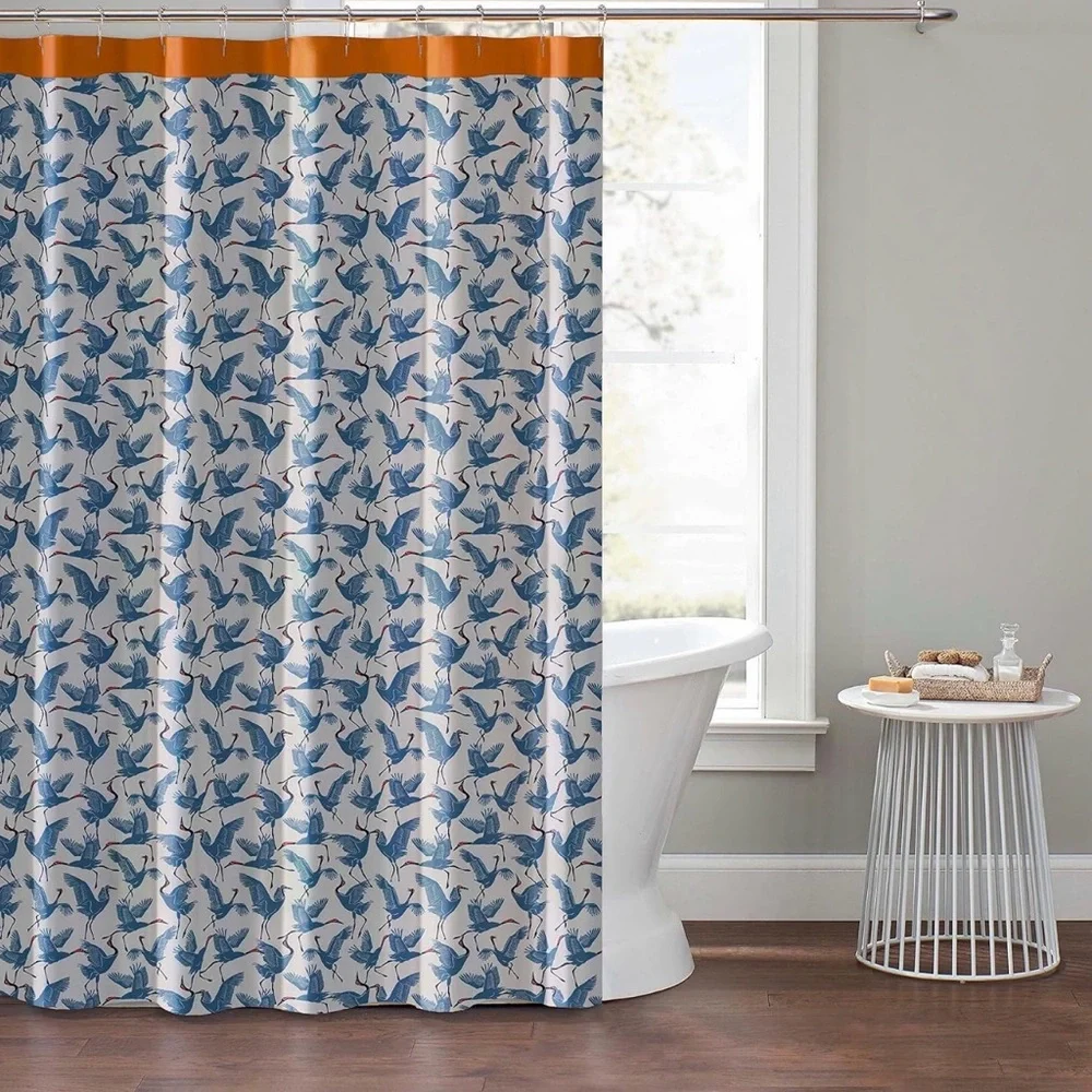 Blue Origami Crane Pattern Shower Curtain with Orange Top Panel